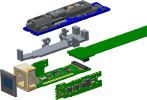Exploded-view of sensor module showing heatsink and different circuit boards
